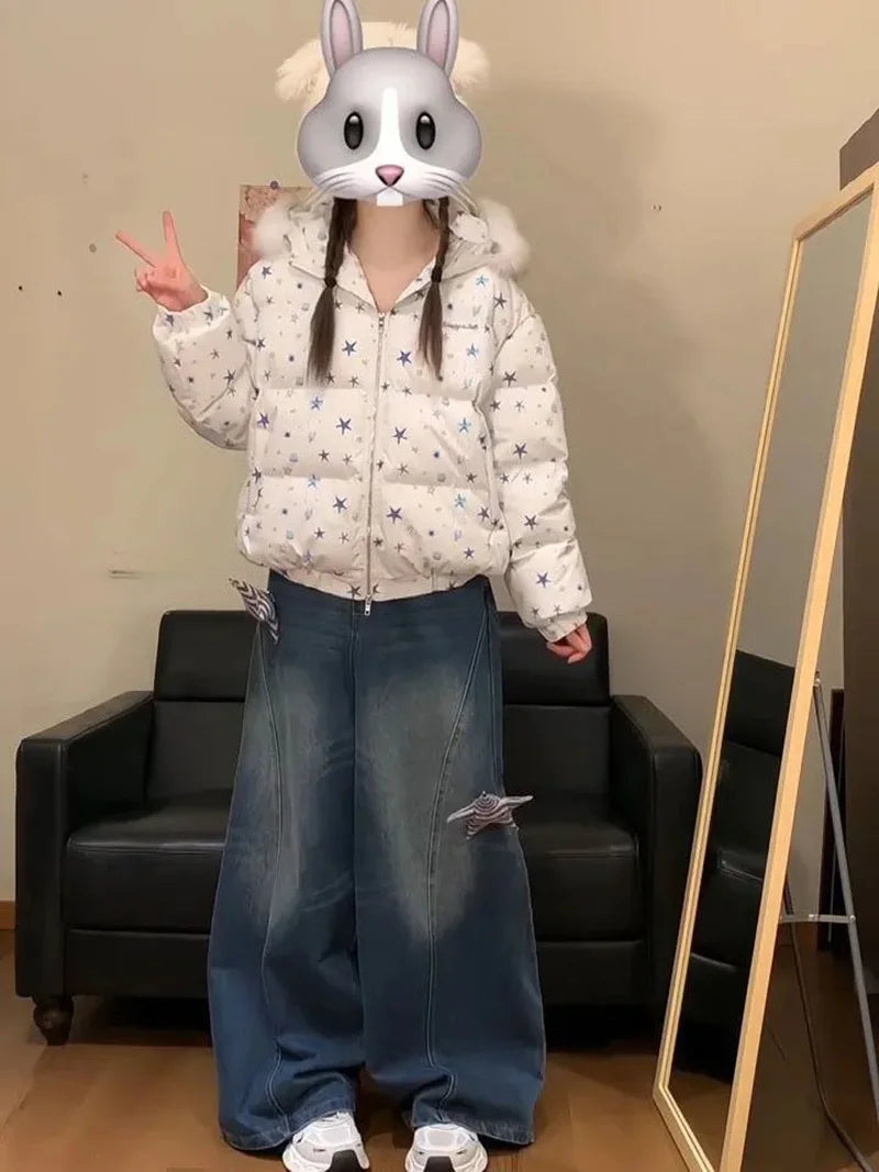 Women Winter Stars Sweet Parkas Fashion Hooded Warm Cute Puffy Coat Japan Long Sleeve Loose Female Preppy Style Chic Jacket New voguable