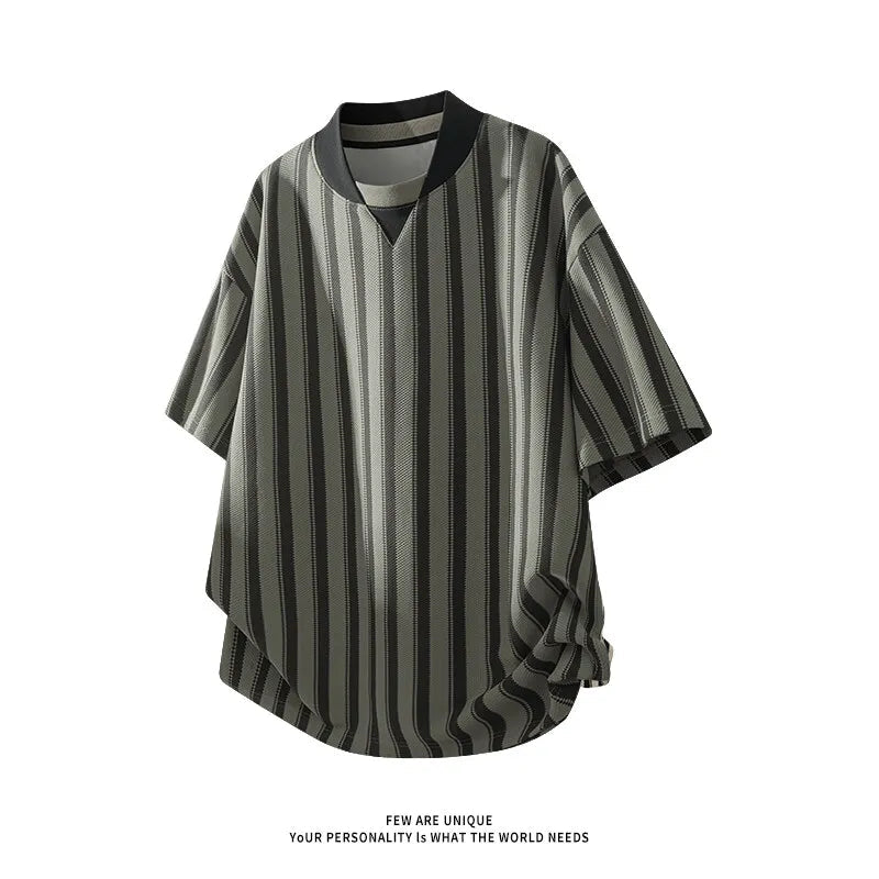 Tshirt Men Baseball Collar Loose Fit Breathable StripedCasual Comfortable Summer Tee Top Fashion Streetwear Apparel Clothing voguable