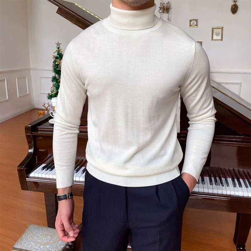 New Korean Fashion Men Sweater Light Luxury Trendy Turtleneck Knit Solid Color Pullover Leisure Retro Long Sleeve Basic Knitwear voguable