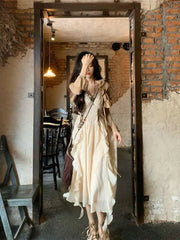 French Fashion Retro Vacation Style Camisole Dress+cardigan Two-piece Set Summer Temperament Long Dresses Female Clothing voguable