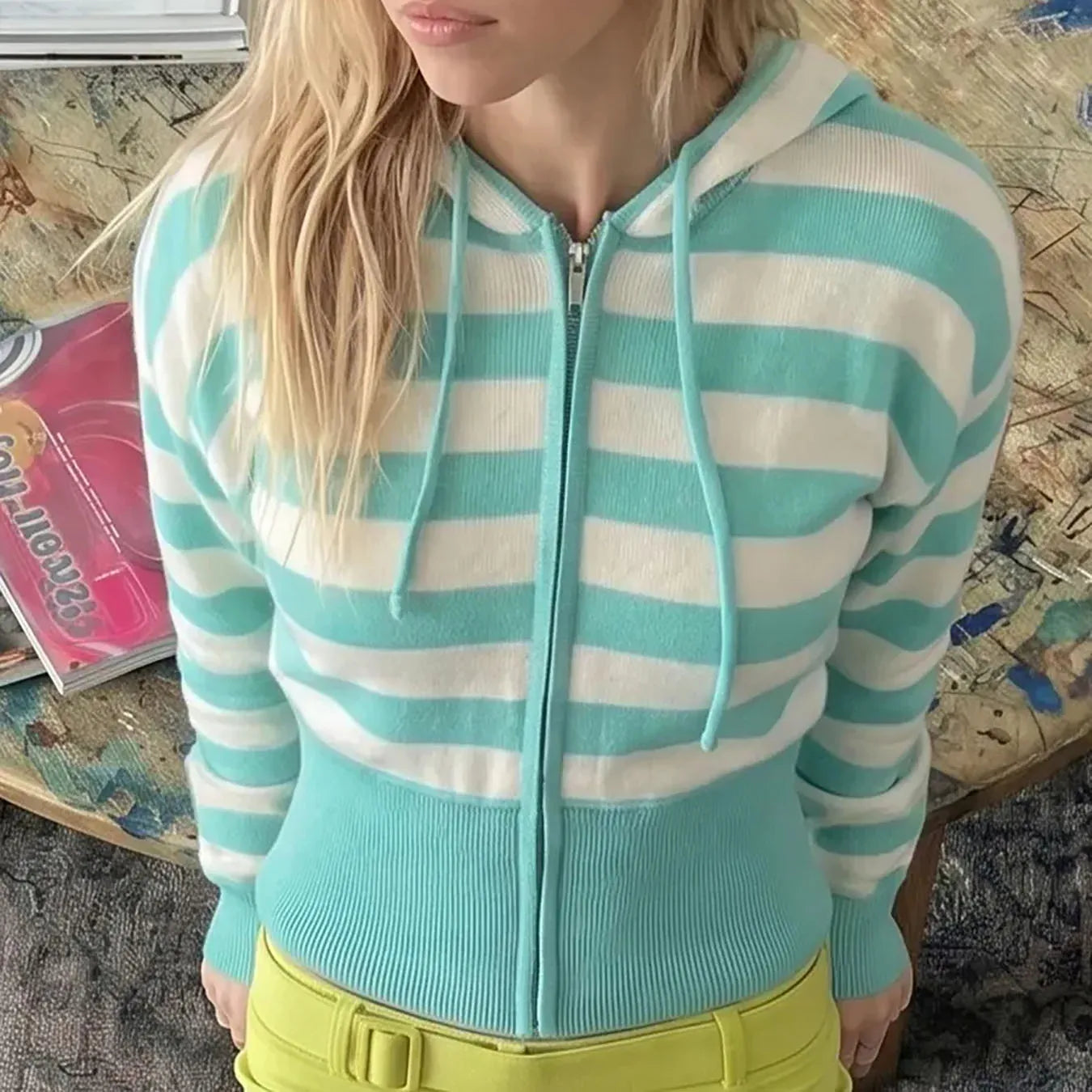Voguable  New autumn and winter striped hooded slim knit short zipper drawstring waist cinching casual sweater voguable