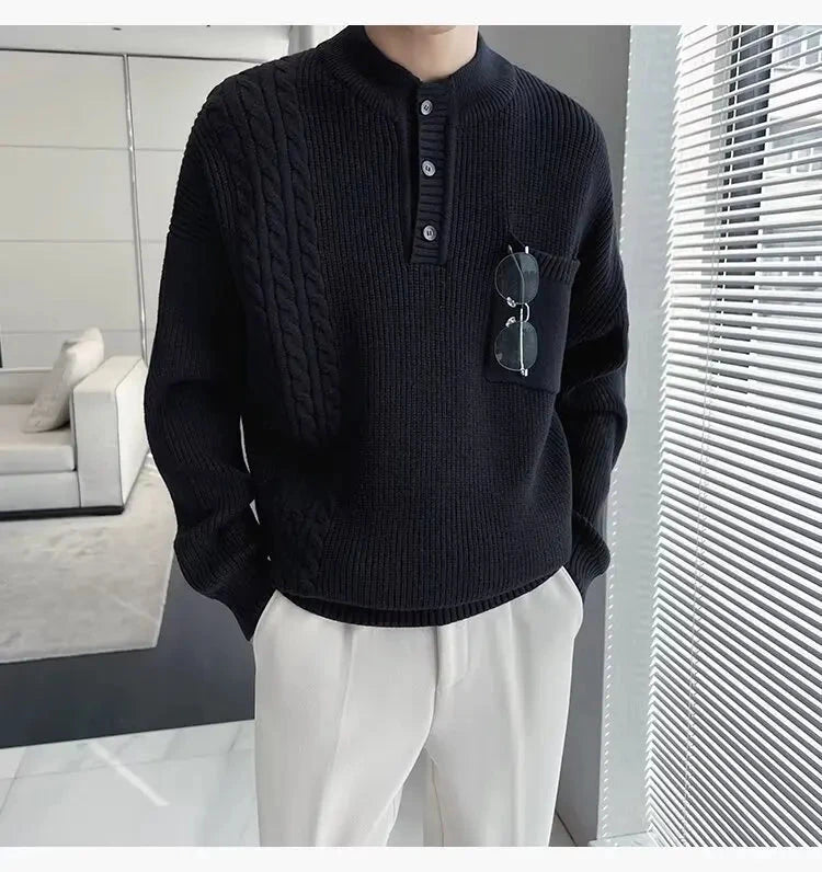 Korean Popular Men's Henry Collar Sweater Light Luxury Knit Long Sleeve Button Pullover Trending Jacquarded Solid Color Knitwear voguable