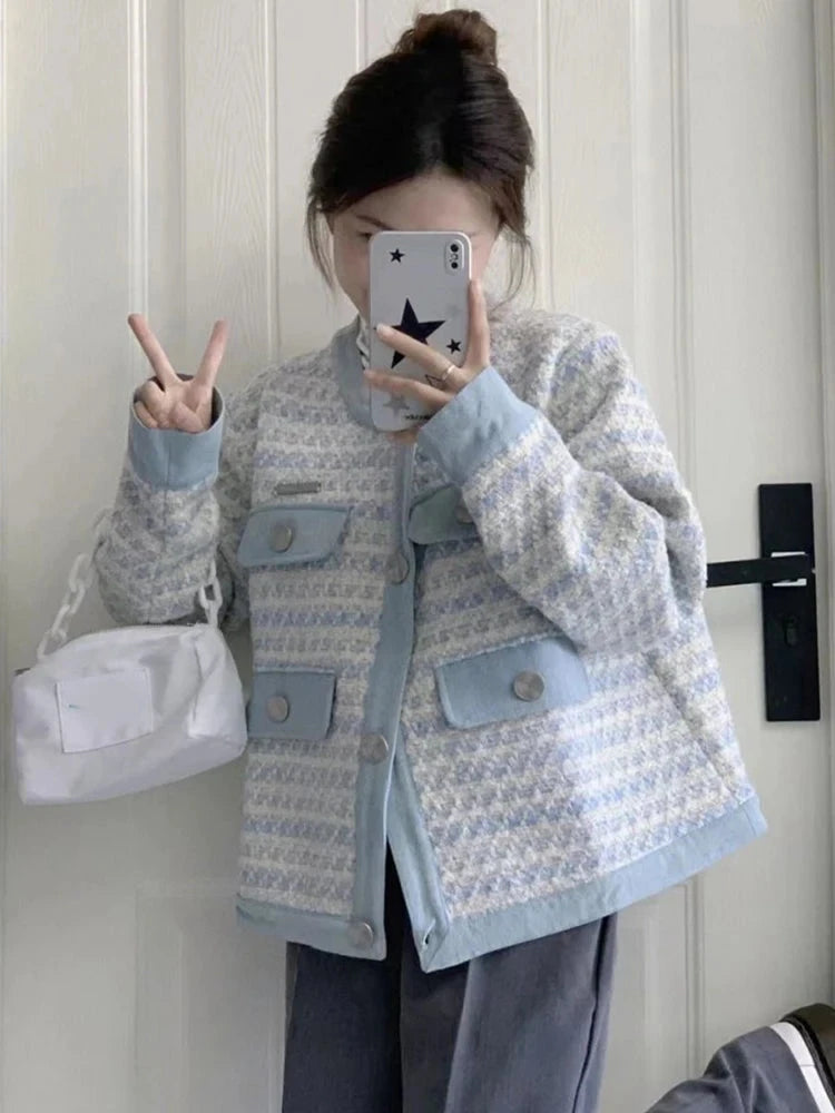 Fall Women Sweet Tweed Jacket Vintage Casual Long Sleeve Elegant Coat French Cute O Neck Women Fall Winter Retro Tops New voguable