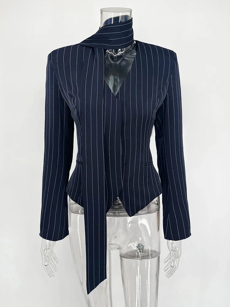 Tornova V-neck Ribbon Shirt Cardigan For Women Striped Print Long Sleeve Buttons Office Lady Top Elegant Female Blousers Outwear voguable