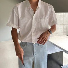 Summer Men's Clothing Light Luxury Shirt Korean Solid Color Short Sleeve Button-down Retro Fashion Leisure Loose Pocket Shirts voguable