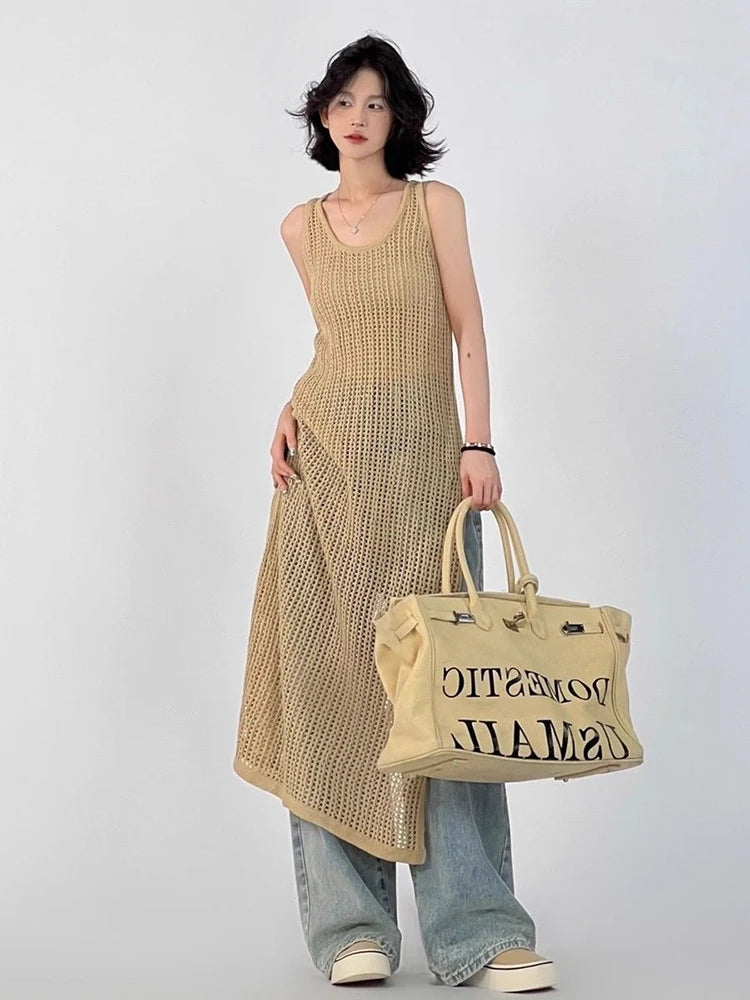 Voguable Designed Hollow Out Women Dress Loose Summer Korean Tanks Dress Casual Khaki Split Ladies Long Dress voguable