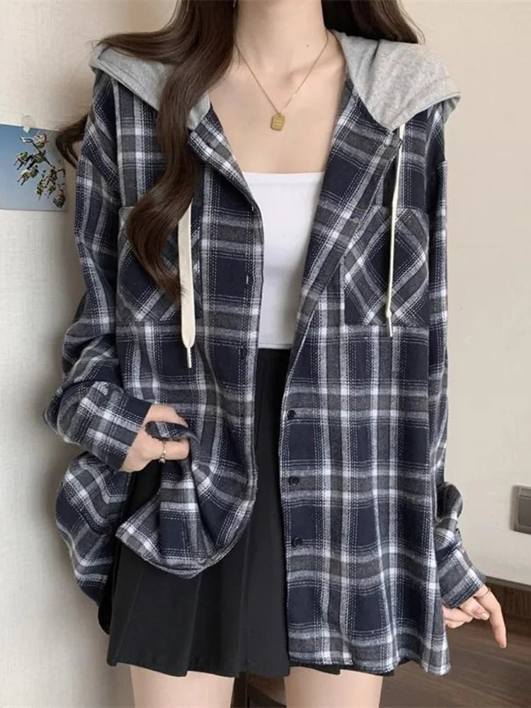 Vintage Plaid Hooded Shirt Women Oversize Long Sleeve Y2K Blouse American Casual Harajuku Female Vintage Spring Tops New voguable