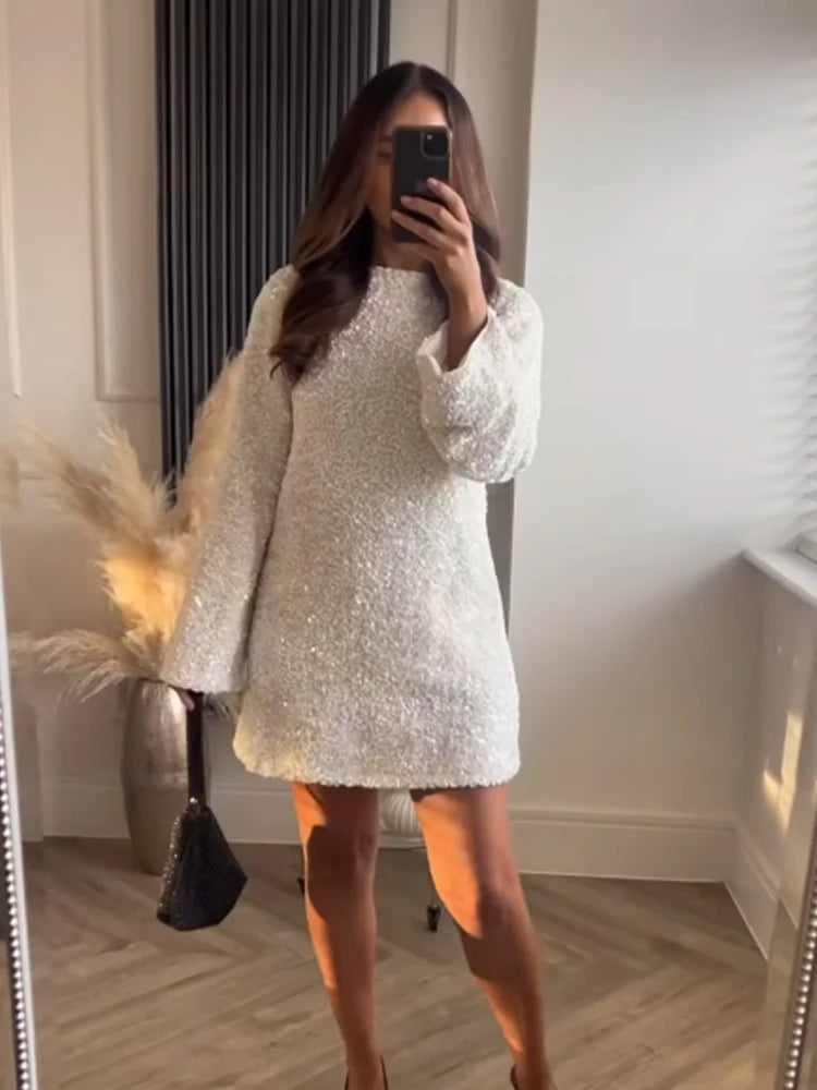 Fashion Shining Sequin Mini Dress For Women Long Sleeve Bowknot Chic Short Dresses Female Elegant Holiday Evening Party Looks voguable