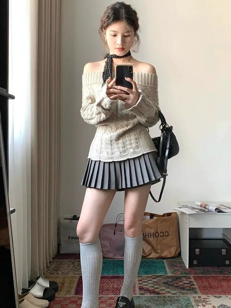 Korean Style Sexy Off Shoulder Sweater Women Sweet Elegant Long Sleeve Knitted Pullover Cute Fashion Slim Up Sweaters voguable