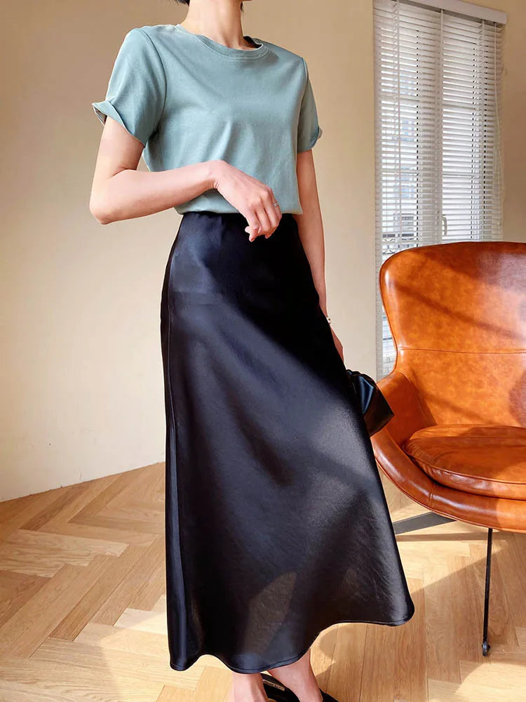 Elegant Women's Skirts Korean Fashion Satin Silk A-line Skirt Office Black Champagne Long Summer Skirts Woman Fashion voguable