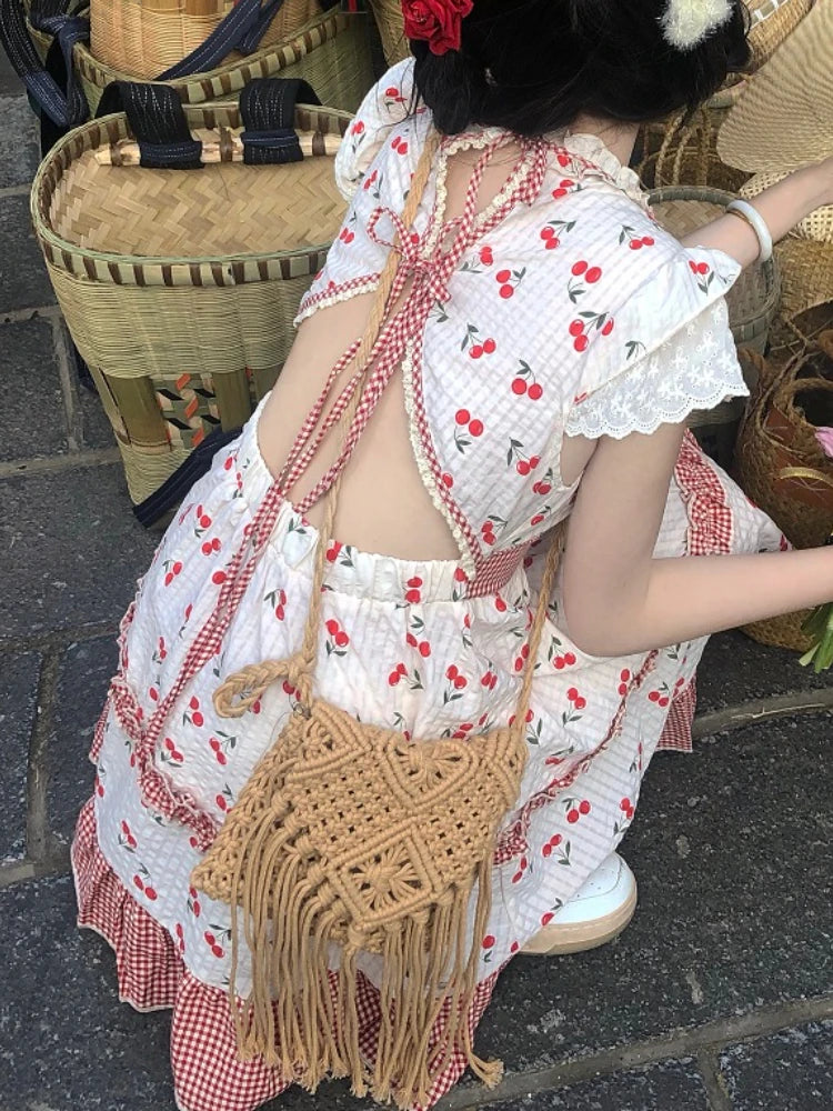 Voguable Summer Print Kawaii Party Mini Dress Women Backless Japanese Sweet Cute Dress Female Lace Korea Princess Lolita Fairy Dress voguable