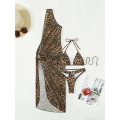 Voguable  Sexy Leopard 3-piece Swimsuit Women Sunscreen Mesh Split Bikini Long Beachskirt Triangle Cup Halter Backless Bathing Suit voguable