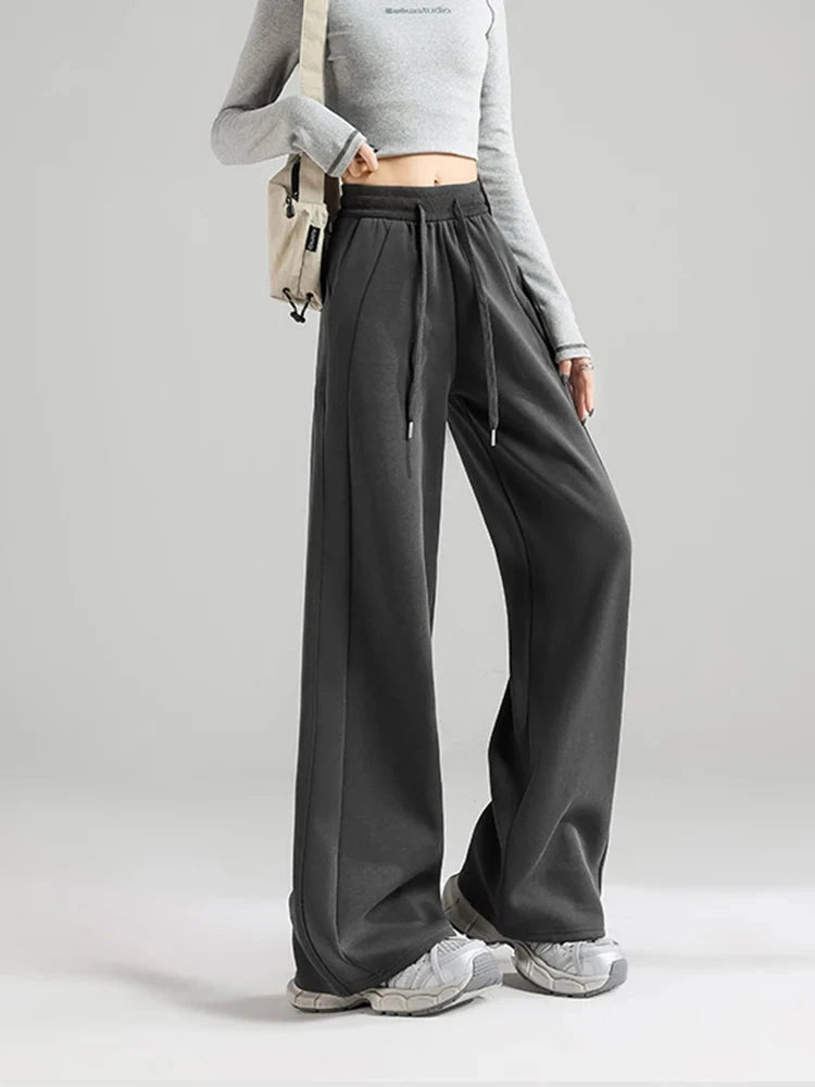 Preppy Style Black Sweatpants Women Vintage High Waist Loose Straight Pant Korean Casual Fall Lace Up Wide Leg Trousers New voguable