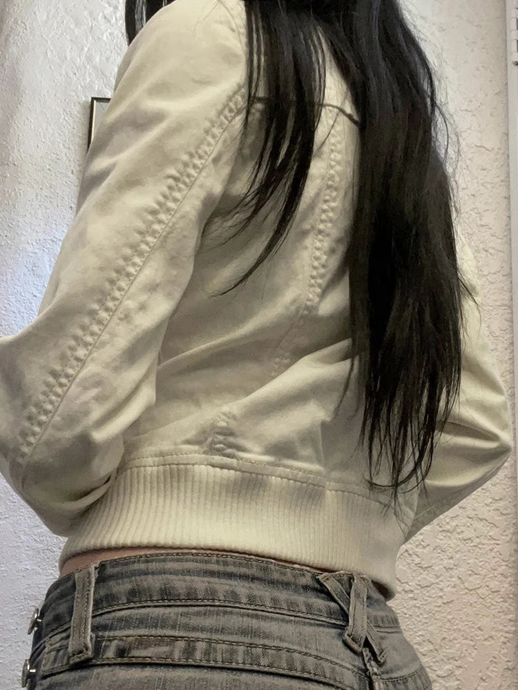 Voguable Vintage Cropped Jackets for Women Harajuku Casual Slim Fit Zipper Coat Y2K Streetwear Long Sleeve Outerwear Autumn voguable