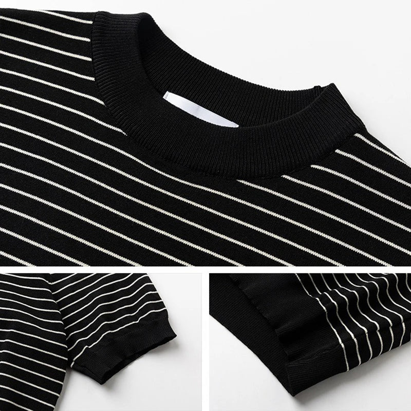 Summer Men's Clothing Luxury Knitted O Collar Striped T Shirt Leisure Korean Popular Short Sleeve Retro Breathable Knitwear voguable