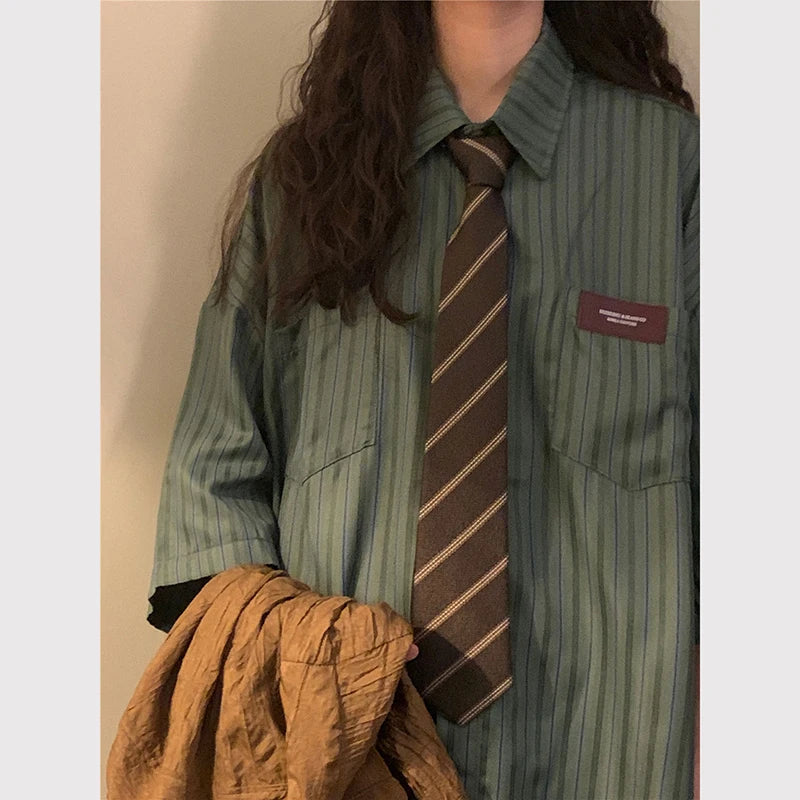 Vintage Striped Women with Tie Blouses Harajuku Oversized Loose Preppy Tops Japanese Summer Fashion Long Sleeve Shirts voguable