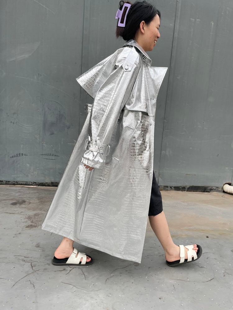 Long Silver Snake Skin Trench Coats Women Fashion Slim Belt On Waist Fake Leather Jackets For Women Winter Autumn Coats voguable