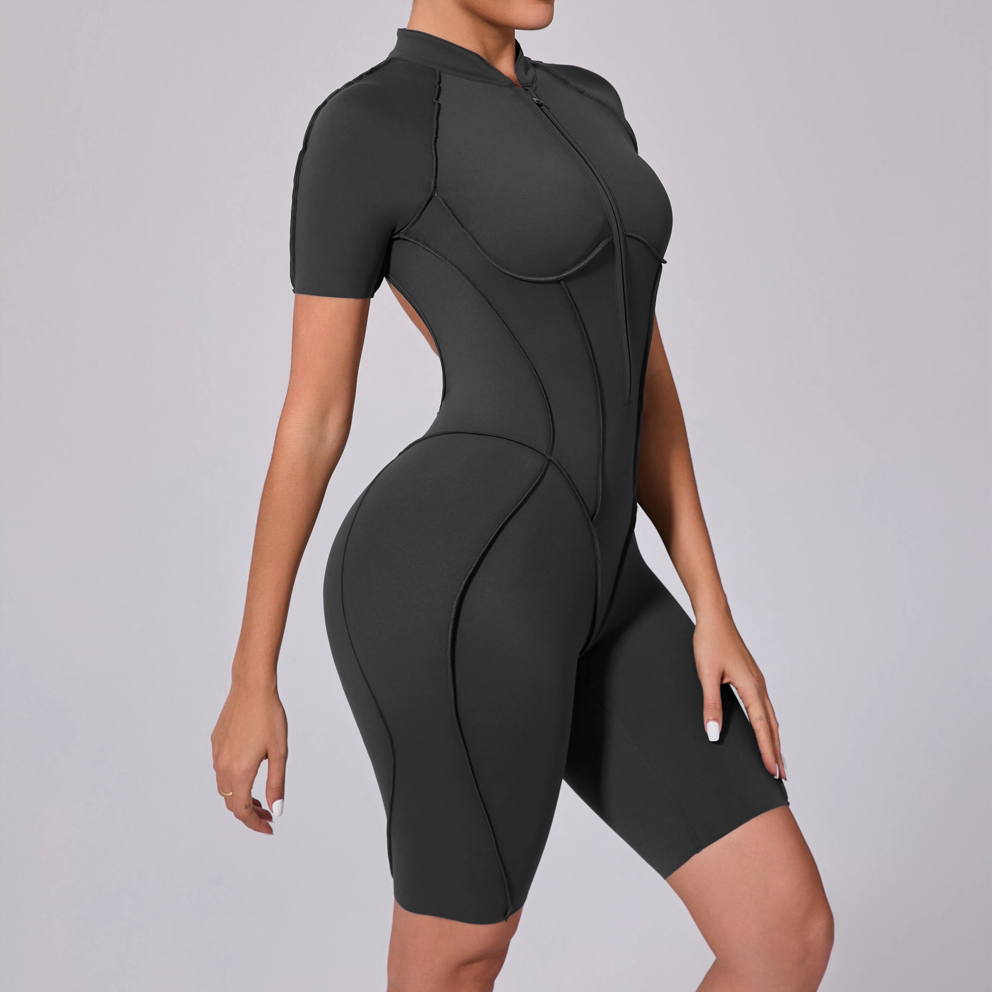 Voguable  Summer Zipper Workout Jumpsuit Sports Overalls Women Running Fitness Short Sleeve Yoga Bodysuit voguable