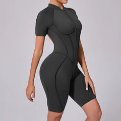 Voguable  Summer Zipper Workout Jumpsuit Sports Overalls Women Running Fitness Short Sleeve Yoga Bodysuit voguable