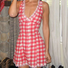 European And American Retro Sexy V Neck Red Plaid Dress Women Floral Embroidery Sleeveless A-line Mini Summer Dresses voguable