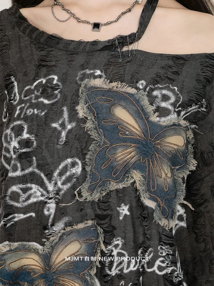 Y2k Holes Graphic Long sleeve T shirt Women Off shoulder Oversize Tops Female Spring Autumn Vintage s Basic Tees Streetwear voguable