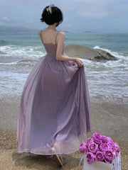 Voguable  Summer Purple Fairy Evening Party Long Dress Women Vintage Sexy Dresses Ladies Spaghetti Strap Tulle Pleated Dress Backless New voguable