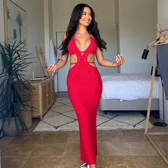 2025 New Pink Knit Sexy Log Dress Hollow Out Halter Neck Backless Chic Vacation Summer Dress Solid Tight Beach Dresses For Women voguable