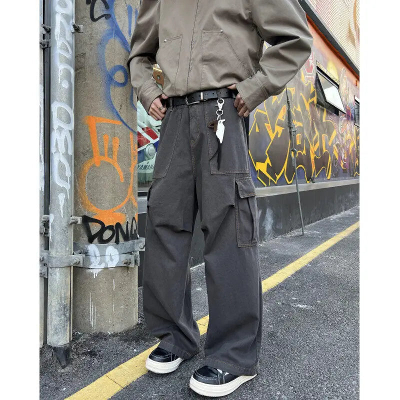 Mens Casual Workwear Cargo Pants Loose Fit Straight Wide Leg Multi Pocket Utility Tactical Outdoor Hiking Durable Heavy Duty voguable