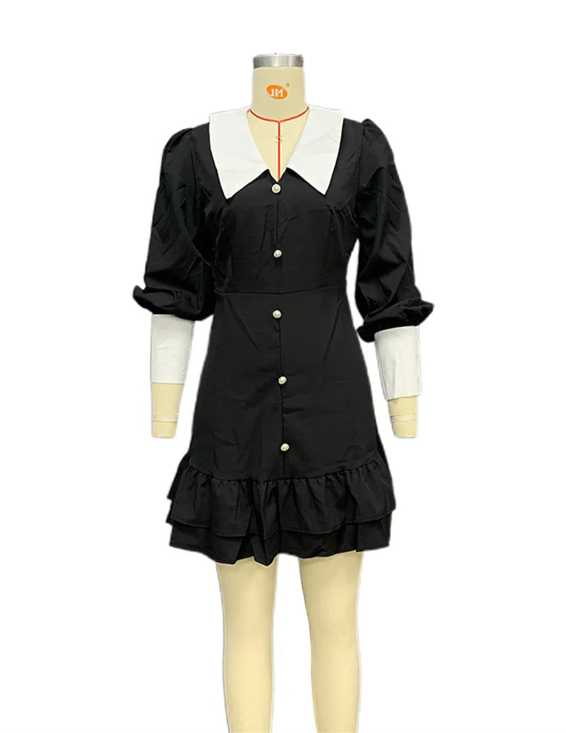 Voguable  Spring&Autumn Elegant Contrast Color Lapel Mini A-line Dress Long Sleeve Buttons Ruffle Hem Zip Up Cute Party Female Dress voguable