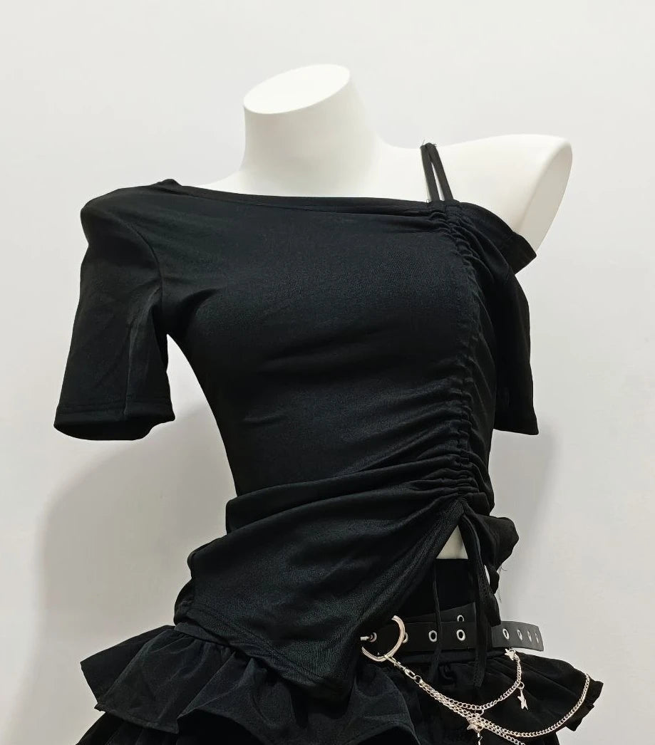 Voguable  Dark Y2K Goth Off Shoulder Sexy Sets T-shirt Ball Gown Age Reduction Stretch Waist Skirt Slim Preppy Style Casual Mujer voguable