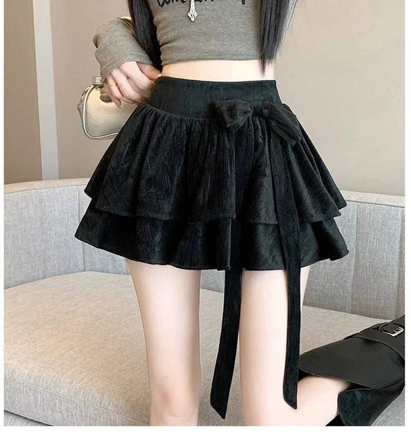 Sweet Bow Cake Skirts Women Vintage Slim High Waist Sexy Mini A Line Skirt Korean Preppy Style Fall Winter Dance Skirt New voguable