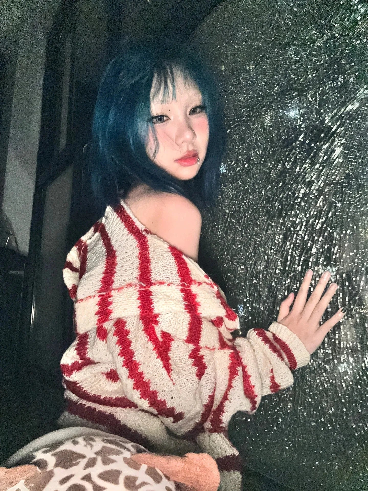 Japanese Y2k Hooded Cardigan 2000s Aesthetics Rabbit Ears Zipper Knitwear Vintage Harajuku Red Stripe Sweater Grunge voguable