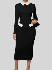 Voguable  Elegant Fashion Women's Pencil Dress Polo Collar Design Professional Long Sleeved Solid Color Office Lady Dress voguable