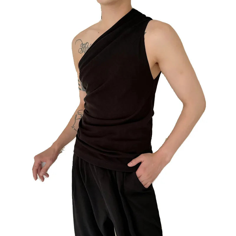 Voguable  Personalized Trendy Slant Shoulder Slim Fit Sleeveless Vests Original Plain Men's Street Tank Tops voguable
