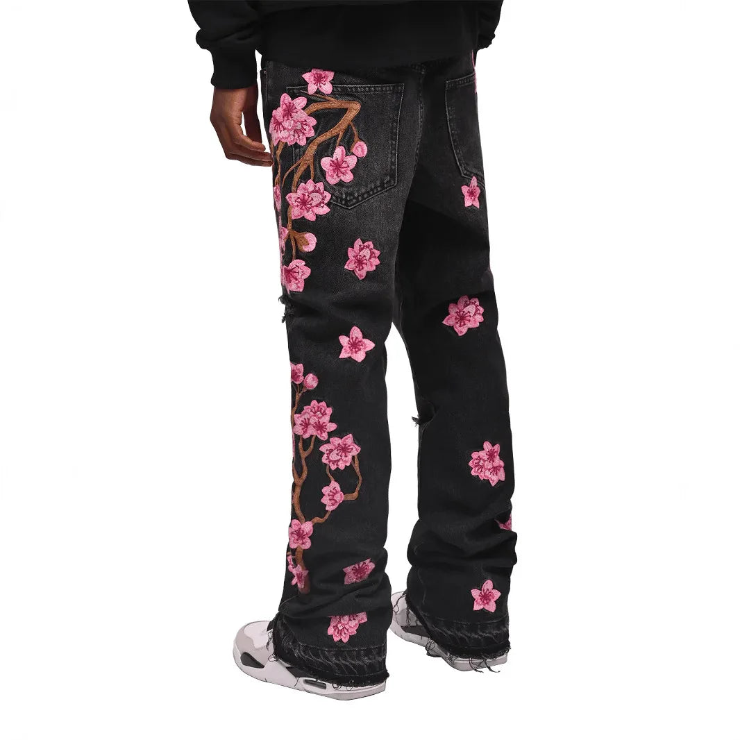 Voguable  Men's high-street ripped jeans with floral embroidery patchwork, trendy street-style distressed flared jeans voguable