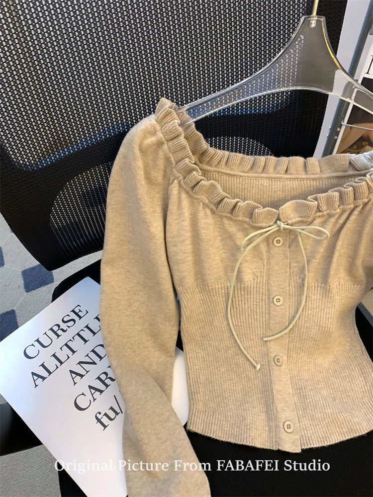 Autumn Winter Woman Slim Pullovers Slash Neck Sweater Long Sleeve Knitwear 2000s Aesthetic Korean Fashion Vintage Cute Core Chic Pbong