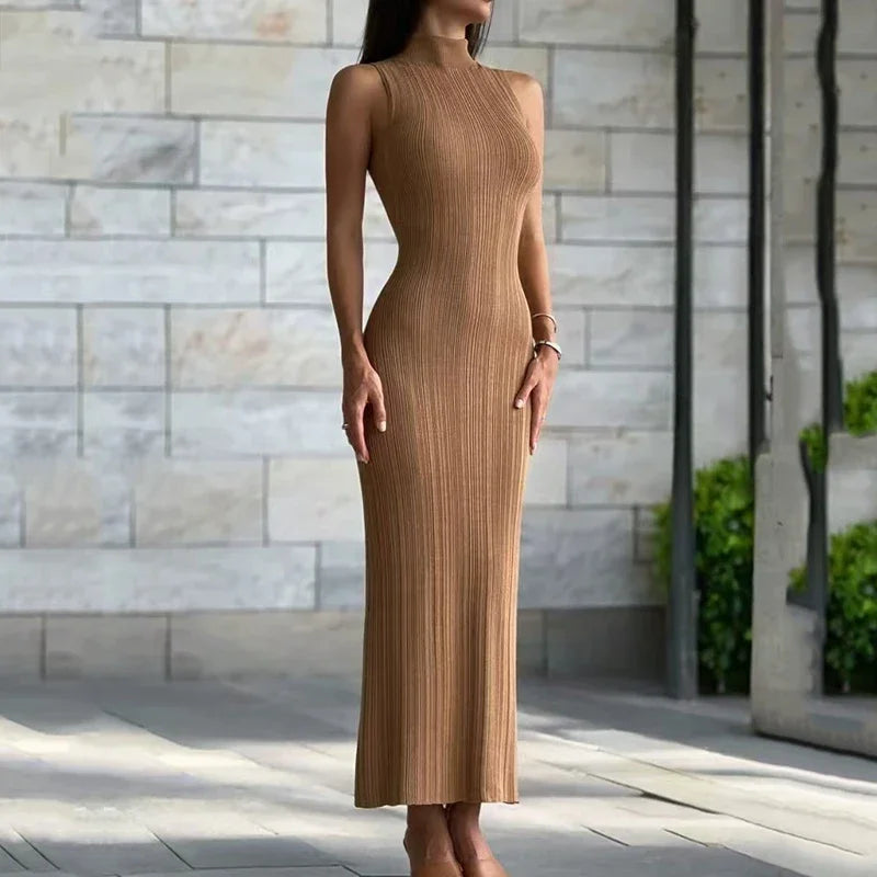 Voguable  Sexy Sleeveless Bodycon Long Elegant Dress Women Half High Collar Knitting Chic Slimming Dress Woman Medium Length Dresses voguable