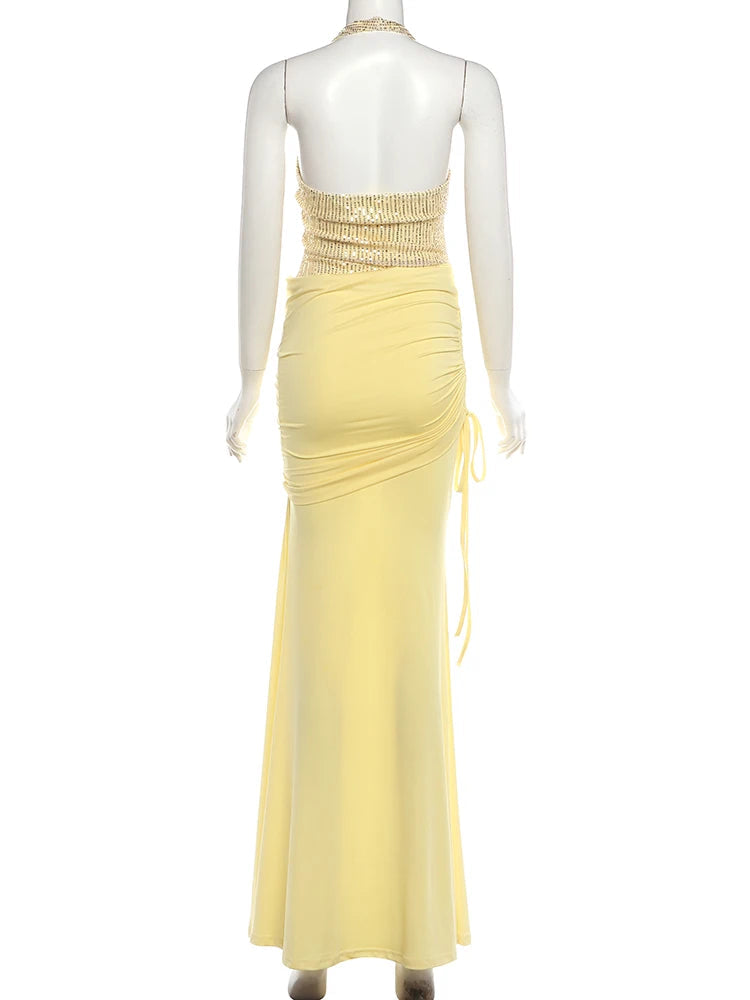 Voguable  Patchwork Dress Women Fake Diamond Decoration Halter v-Neck Backless Folds Elegant Dinner Party Vacation Vestidos voguable