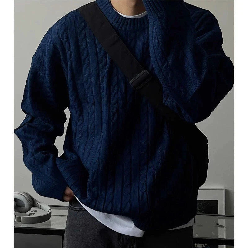 Winter Korean Fashion Jacquard Men Sweater Luxury Trendy O Neck Knitted Solid Color Pullover Leisure Long Sleeve Basic Knitwear voguable