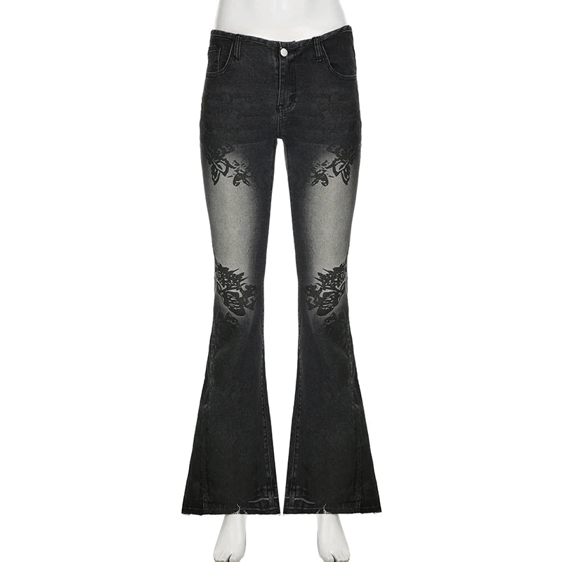 Voguable Streetwear y2k Flare Jeans Distressed 2000s Floral Print Low Rise Slim Denim Pants Korean Women Trousers Retro Mom Jeans voguable