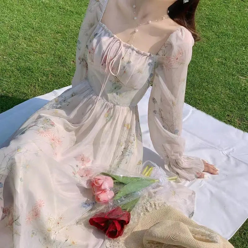Voguable  Summer Elegant Floral Fairy Dress Woman Beach Style Party Long Sleeve Midi Dress Fashion French Style Chiffon Dress voguable