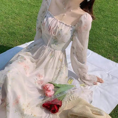 Voguable  Summer Elegant Floral Fairy Dress Woman Beach Style Party Long Sleeve Midi Dress Fashion French Style Chiffon Dress voguable