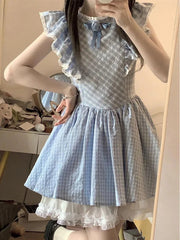 Cute Sweet Blue Plaid Dress Women Elegant 3D Floral Flying Sleeve Mini Dress Japan Vintage Slim Kawaii Lace Patchwork Dress voguable