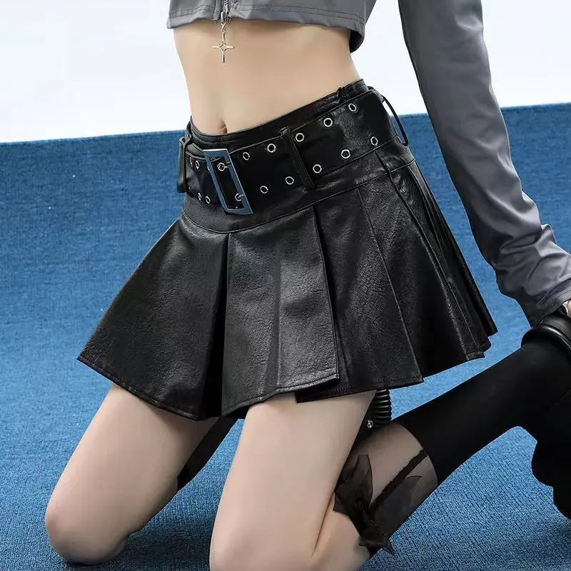 Leather Skirt Black Punk Women Sexy Pleated Grunge Vintage Mini Skirt Y2k Gothic Streetwear A-line Ladies Retro Skirts voguable