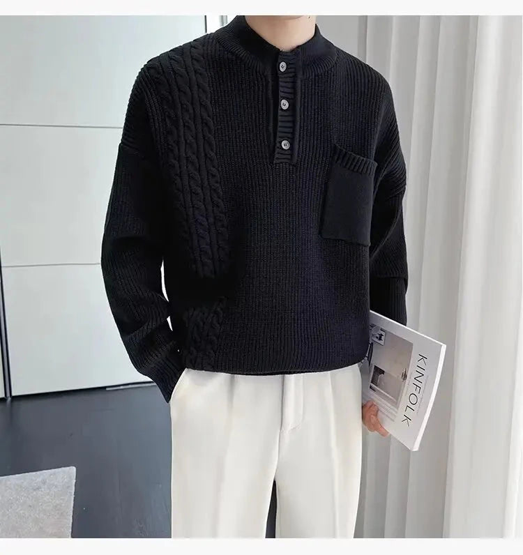 Korean Popular Men's Henry Collar Sweater Light Luxury Knit Long Sleeve Button Pullover Trending Jacquarded Solid Color Knitwear voguable