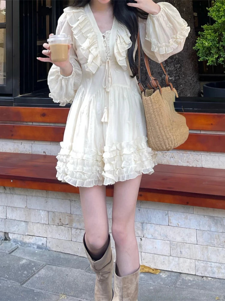 Voguable Autumn Fairy Pure Color Mini Dress Woman Casual Long Sleeve Elegant Dress Korean Fashion Short Party Dress Chic Design voguable
