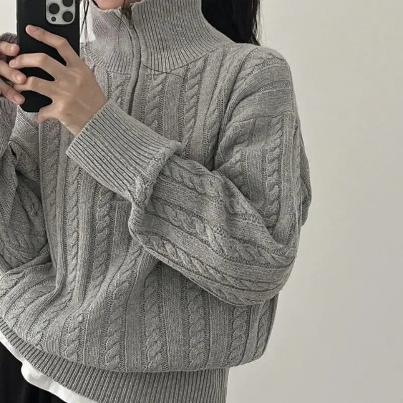 Voguable  Korean Fashion Half Zipper Sweaters Women Vintage Twisted Knitted Crop Pullover Casual Sueter Mujer Long Sleeve Tops voguable