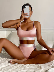 Voguable Shiny Pink Contrast Bikini Set Women Halter Push Up Patchwork High Waist Swimsuit 2024 Designer Bathing Suit Two Piece Swimwear voguable