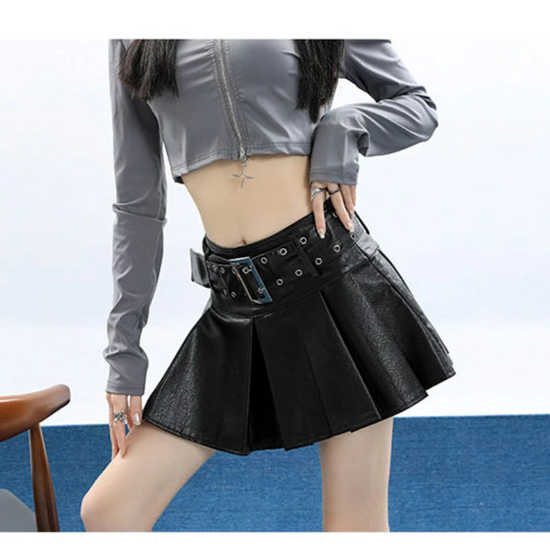 Leather Skirt Black Punk Women Sexy Pleated Grunge Vintage Mini Skirt Y2k Gothic Streetwear A-line Ladies Retro Skirts voguable