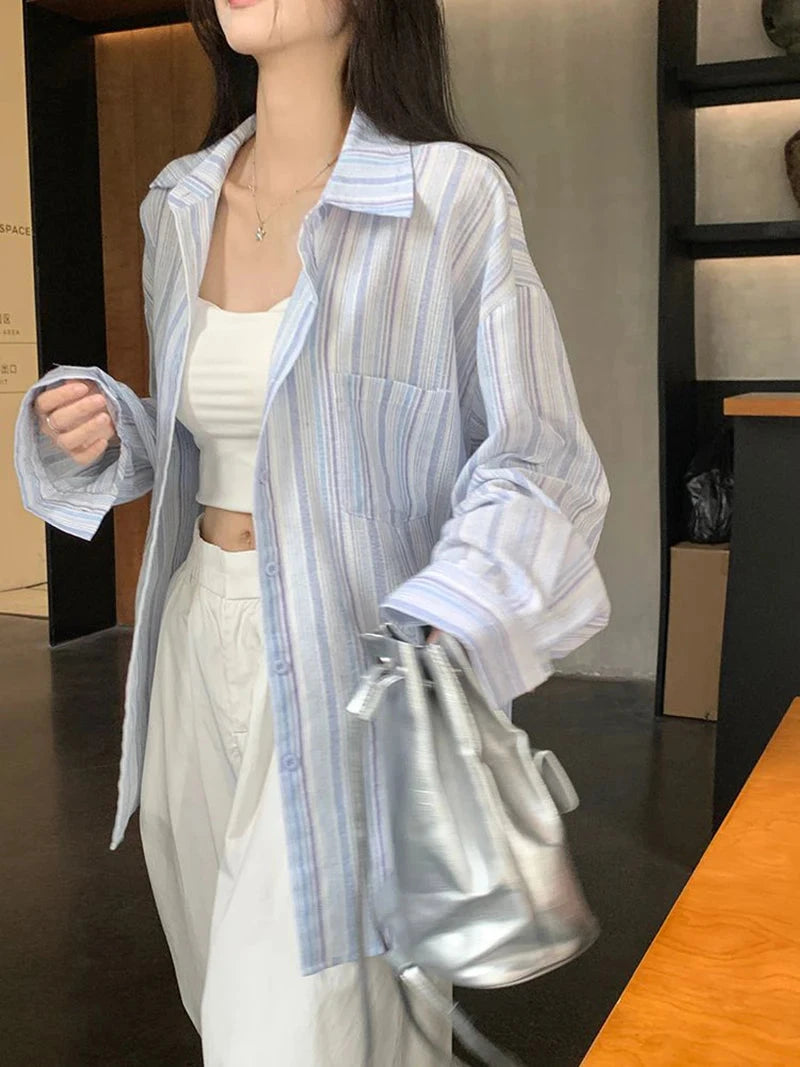 Sweet Casual Women Striped Shirts Loose Long Sleeve Vintage Cotton Linen Sun Proof Blouse Korean Preppy Style Letter Retro Tops voguable